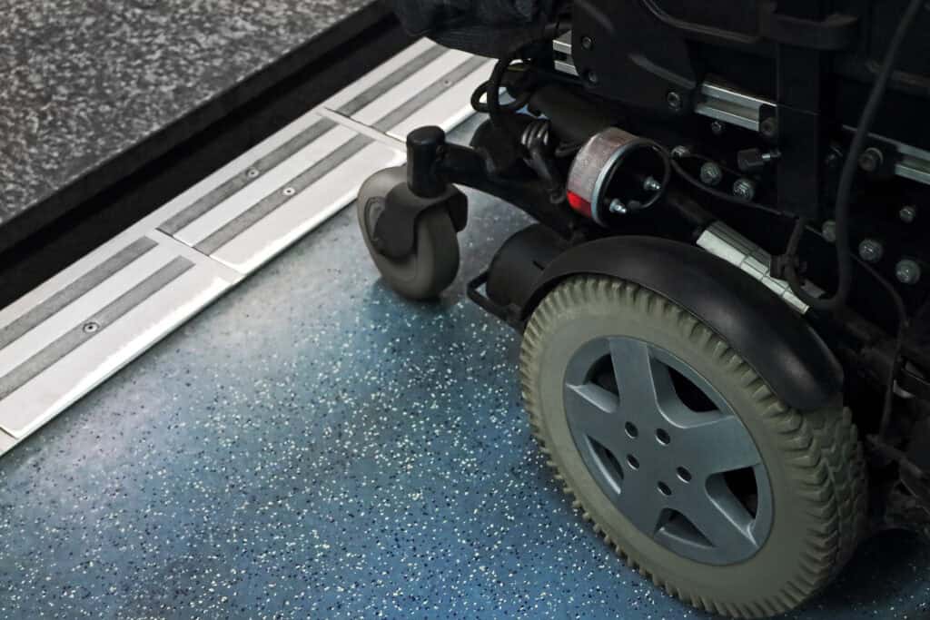 Wheelchair waiting for the doors to open on the subway.